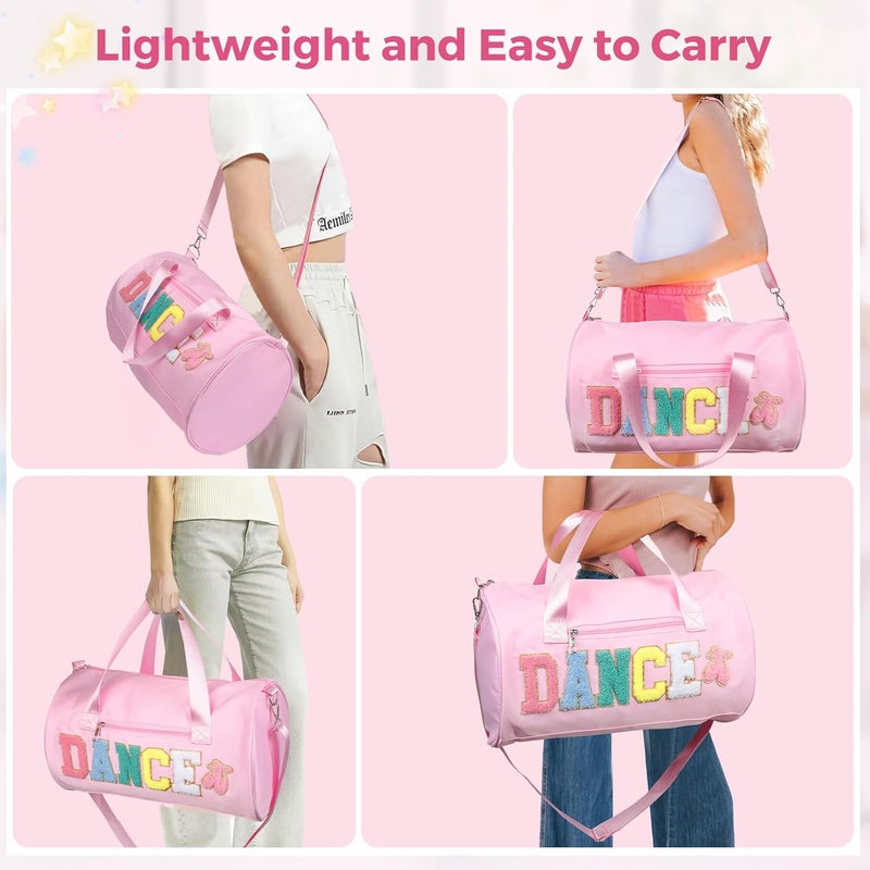 KUIRAN Store Dance Bag for Girls, 23L Waterproof Travel Duffel Bag with Colorful Chenille Letter, Lightweight Small Gym Sport Ballet Bag with Large Main Compartment 15"Lx9"Wx9"H - Light Pink - Image 5